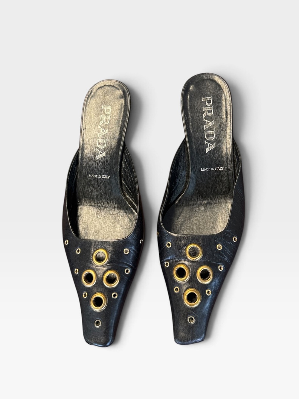 Vintage Prada Leather Embellished Grommet Slip On Heeled Mules Black Gold 36.5